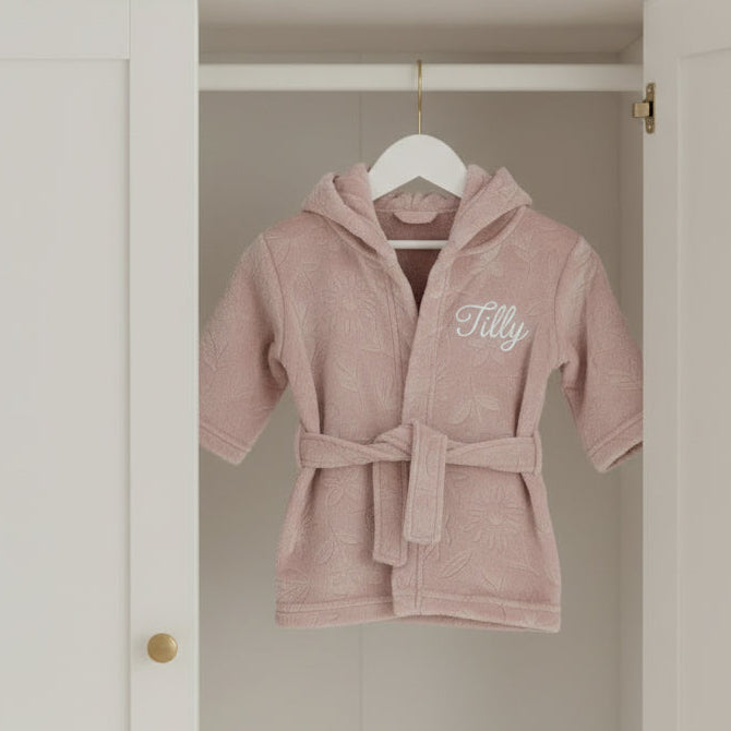 Dusty Pink Hooded Baby Bath Robe – Floral Embossed