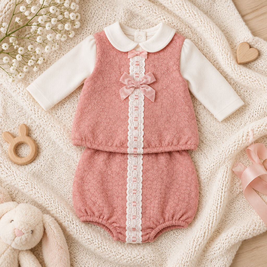 Dusty pink and white baby girl two-piece romper set with lace and bow detail