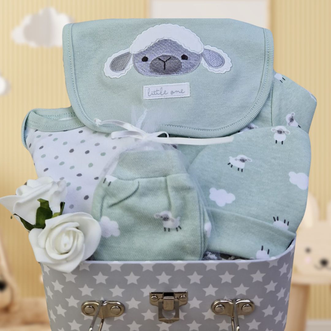 unisex baby gifts trunk with green clothing set with sheep