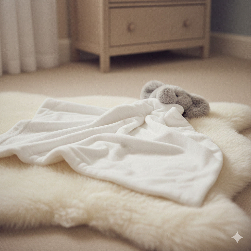 Elephant baby comforter with soft toy and white comfort blanket