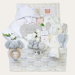 Baby gifts hamper with elephant soft toy, persoanlised baby bath robe and present for new parents.