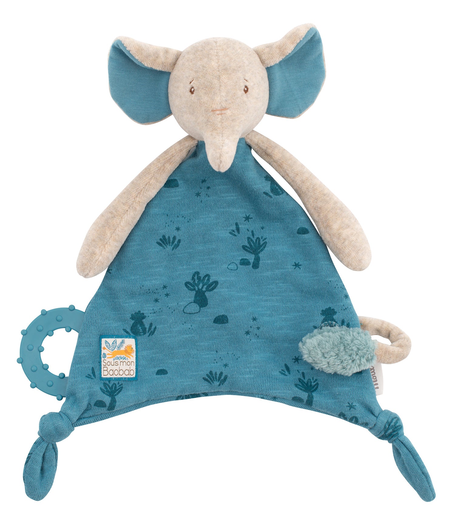 Cute blue elephant comforter with a dummy pacifier holder.  Suitable from birth and presented in a gift box
