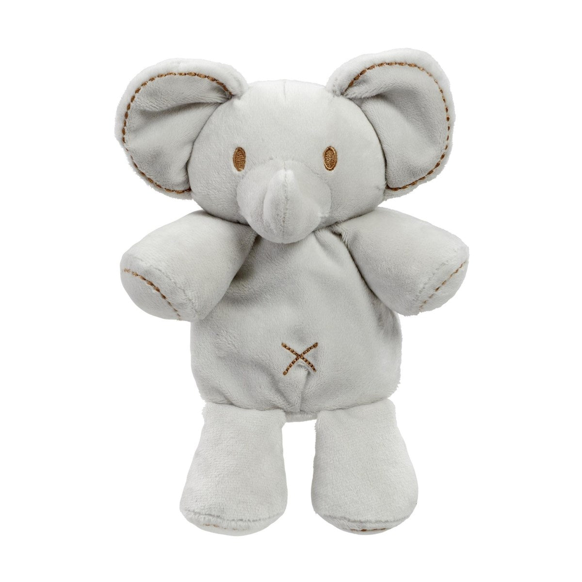 Grey elephant soft toy with brown embroidery