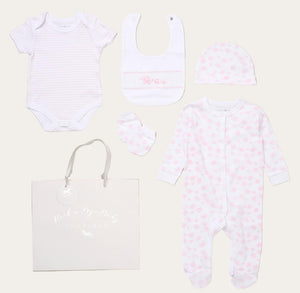 Five-Piece Baby Clothing Set with Matching Bib and Hat
