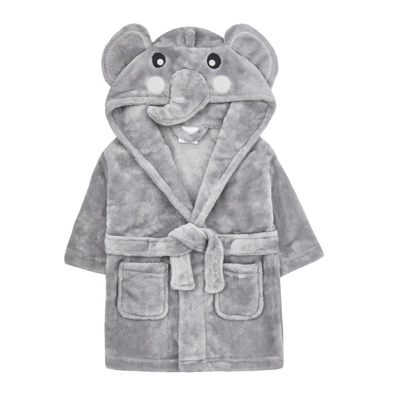 Soft grey dressing gown bath robe with a cute elephant face, trunk and ears on the hood