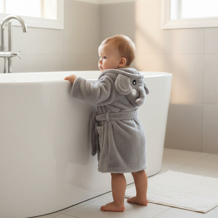 Grey baby gown with hood and trunk design