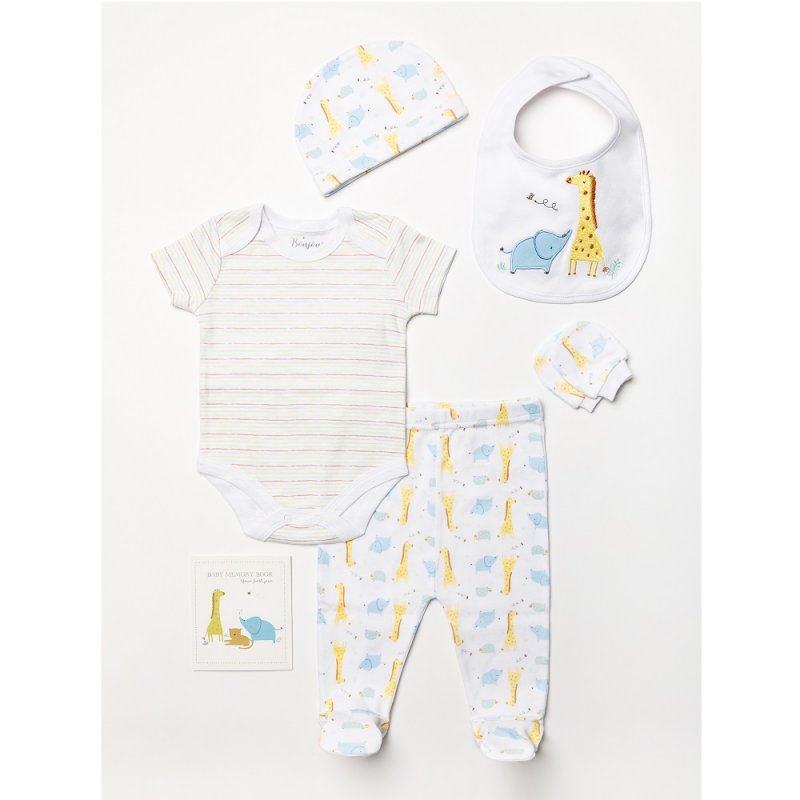 Colourful six piece clothing gift set featuring an elephant and a giraffe