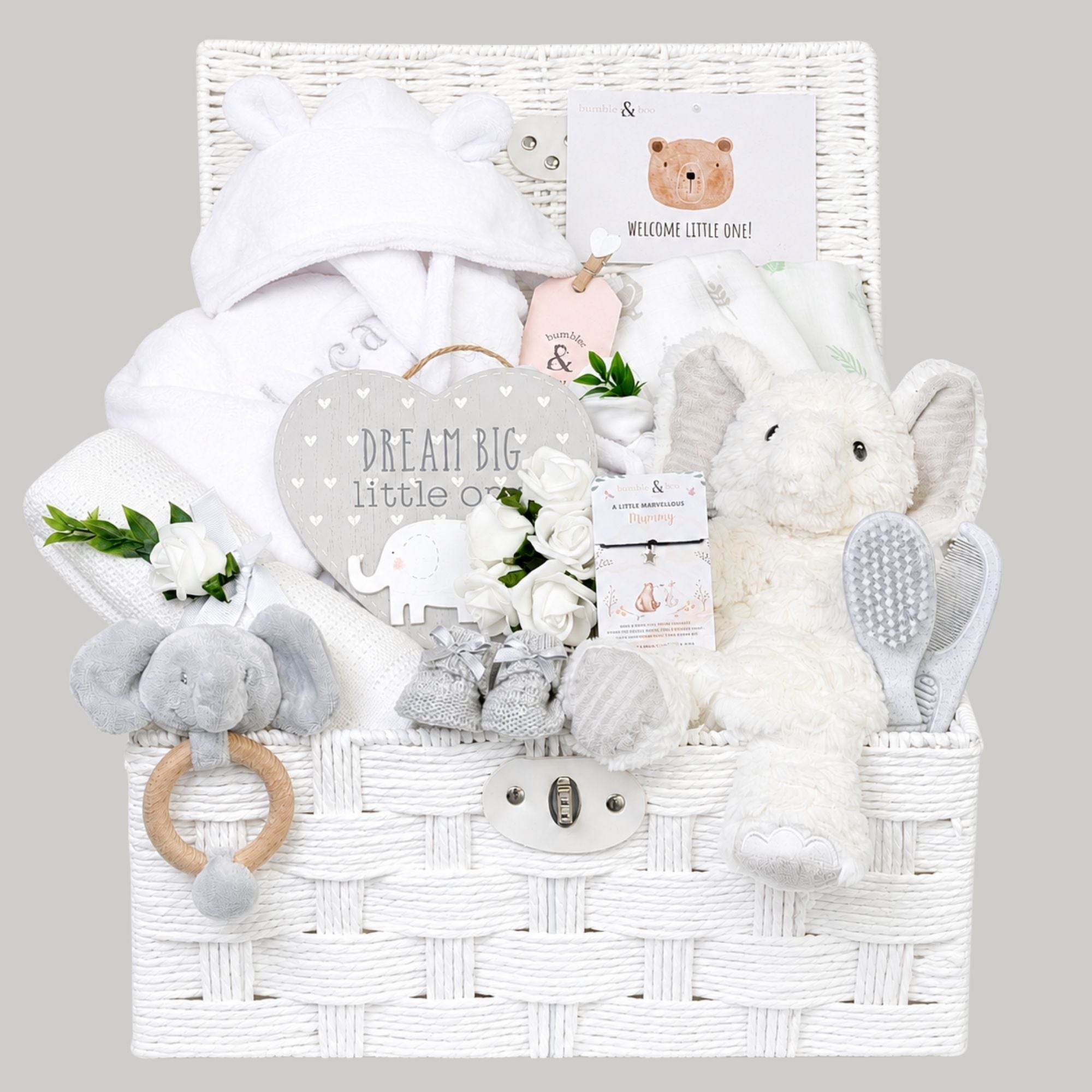 Baby gifts hamper with elephant soft toy, personalised baby bath robe and present for new parents.