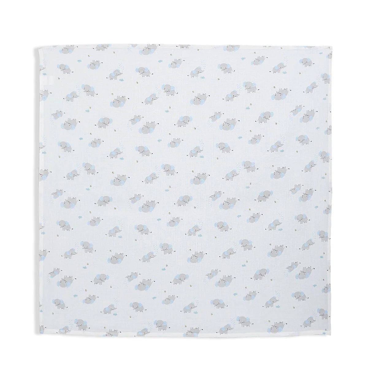 Baby muslin swaddle with all over elephant print in soft blue and grey