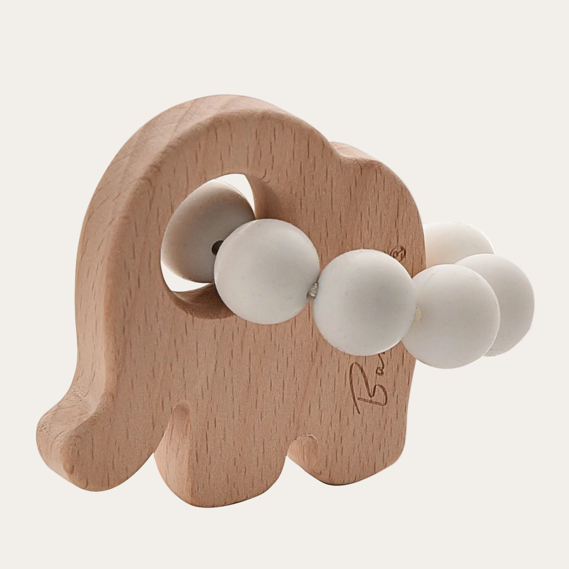 Grey elephant teething toy with wooden handle and silicone beads.