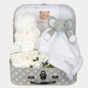 New baby gifts hamper with personalised elephant theme presents in white and soft grey - by Bumbles & Boo.