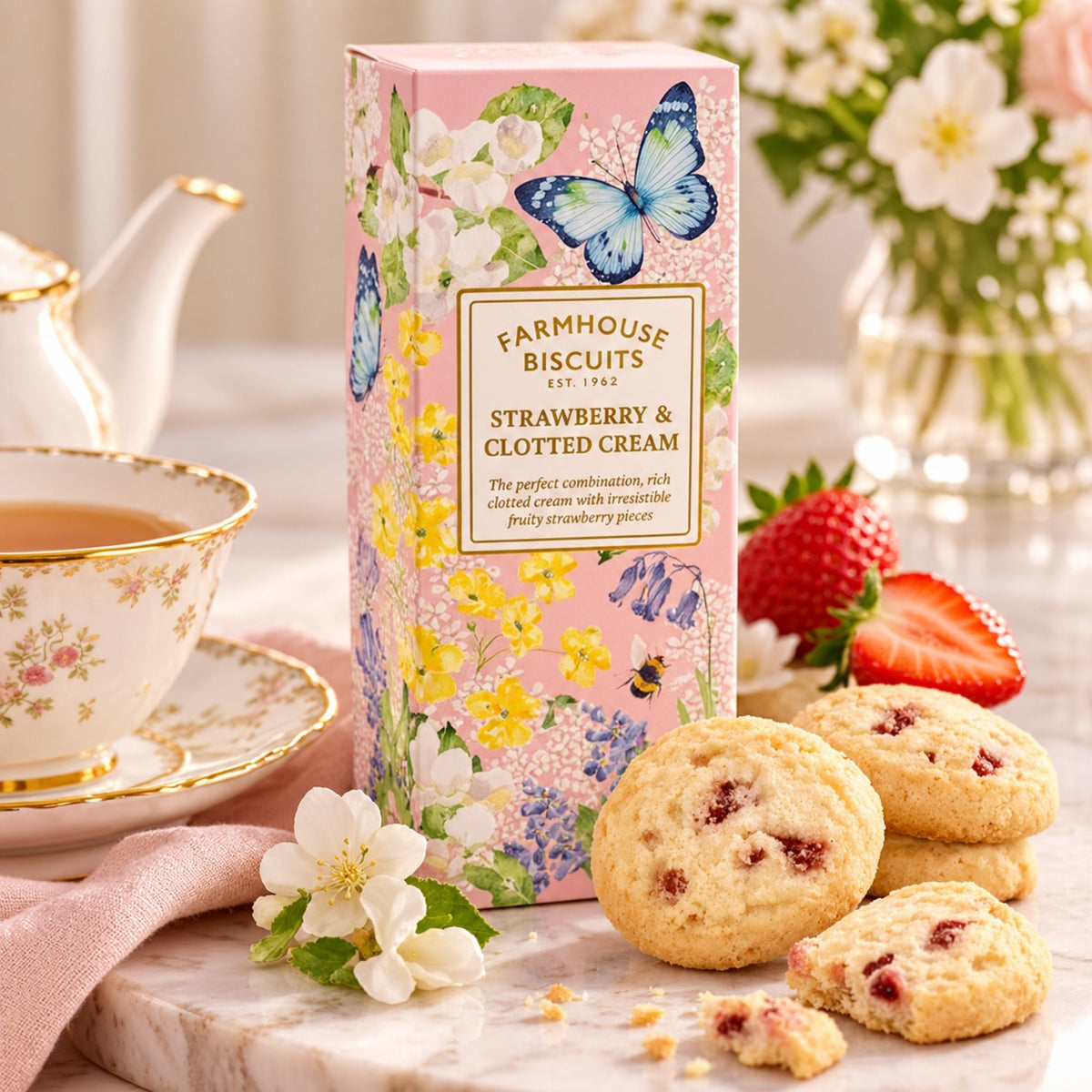 A pink box of Farmhouse Biscuits Strawberry & Clotted Cream