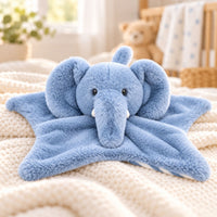 Blue plush recycled elephant baby comforter toy with white and blue striped detail. 