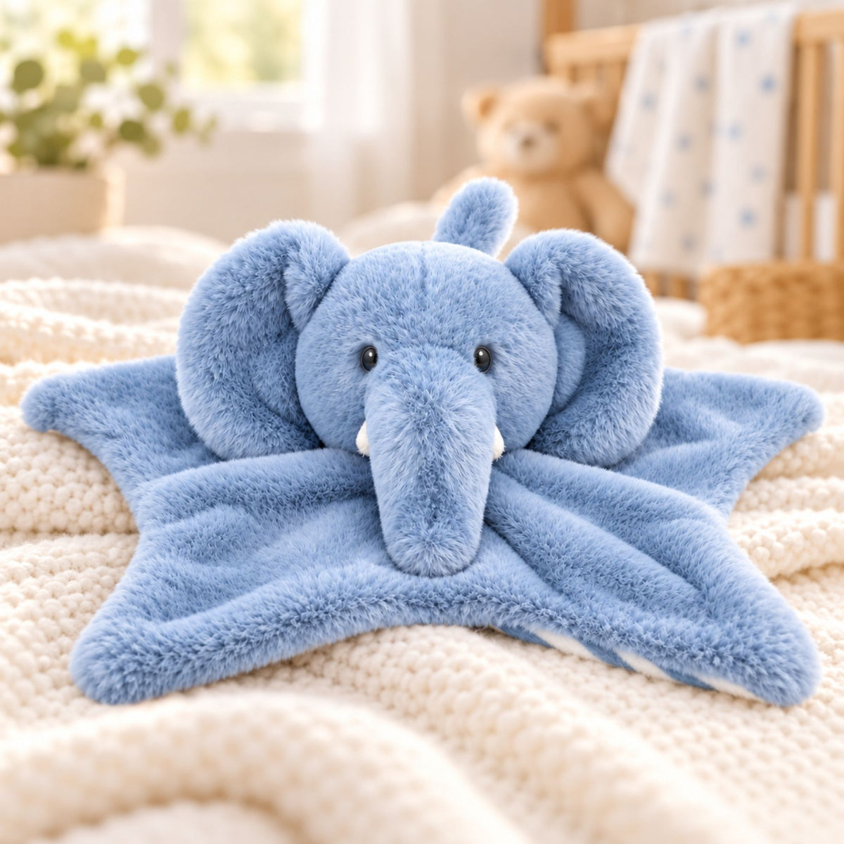 Blue plush recycled elephant baby comforter toy with white and blue striped detail. 