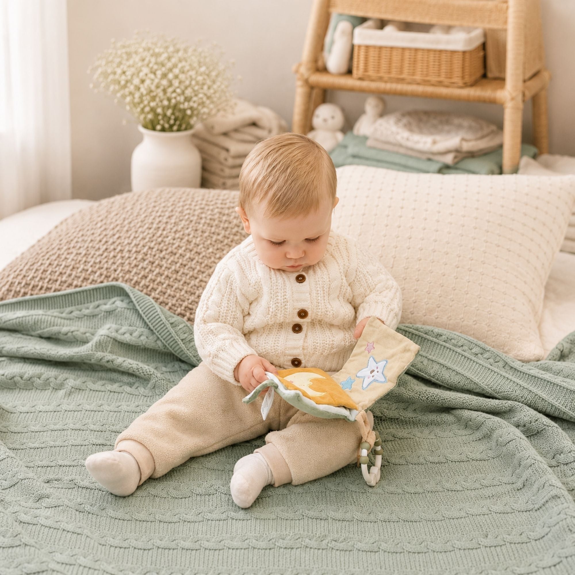 A soft activity book with a teether
