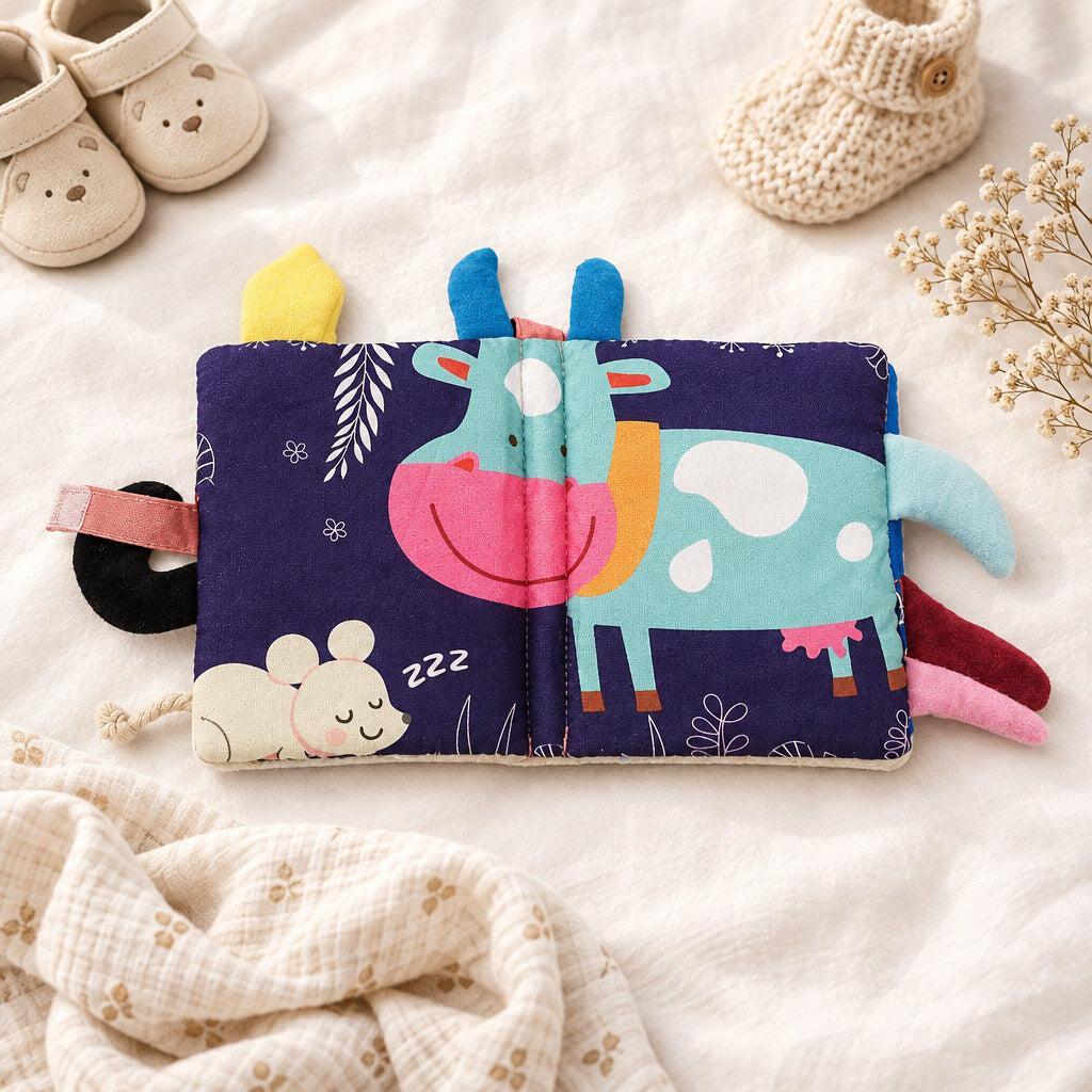 Farm Fun cloth baby book open to colourful sensory pages