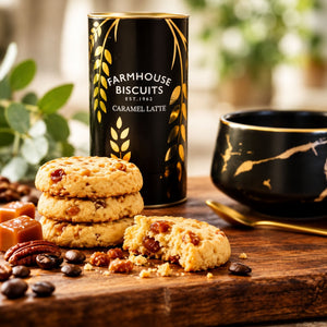 A black cylindrical tin of Farmhouse Biscuits Caramel Latte