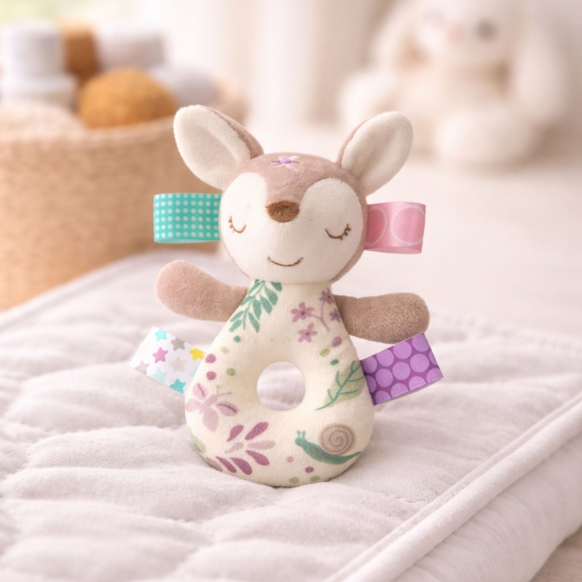 Fawn soft toy baby rattle with purple and green taggie ribbons and a rattle