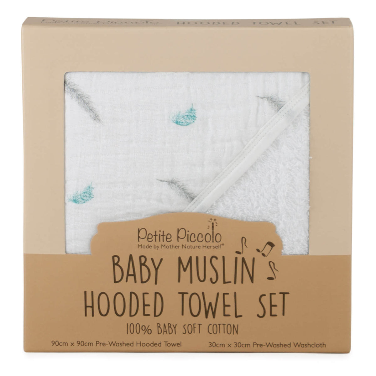 White feather-print baby hooded towel and washcloth set in a kraft presentation box