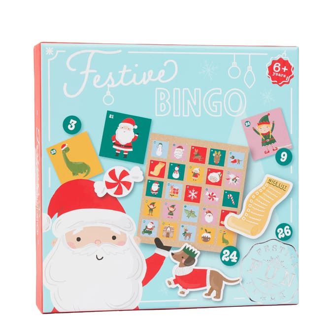 Festive Bingo Christmas game box with Santa, a dachshund and illustrated picture tiles on the packaging