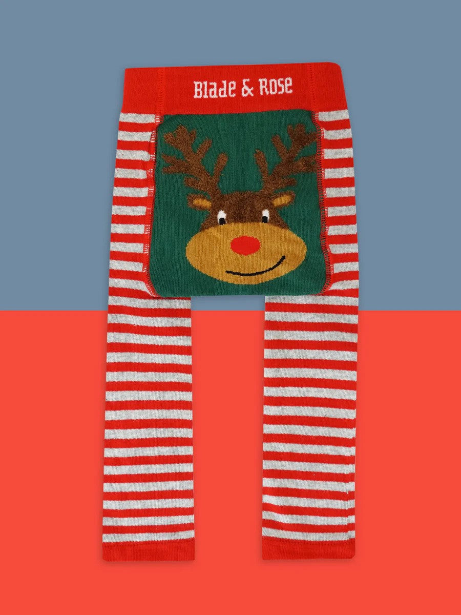 Red and white striped leggings with a Reindeer