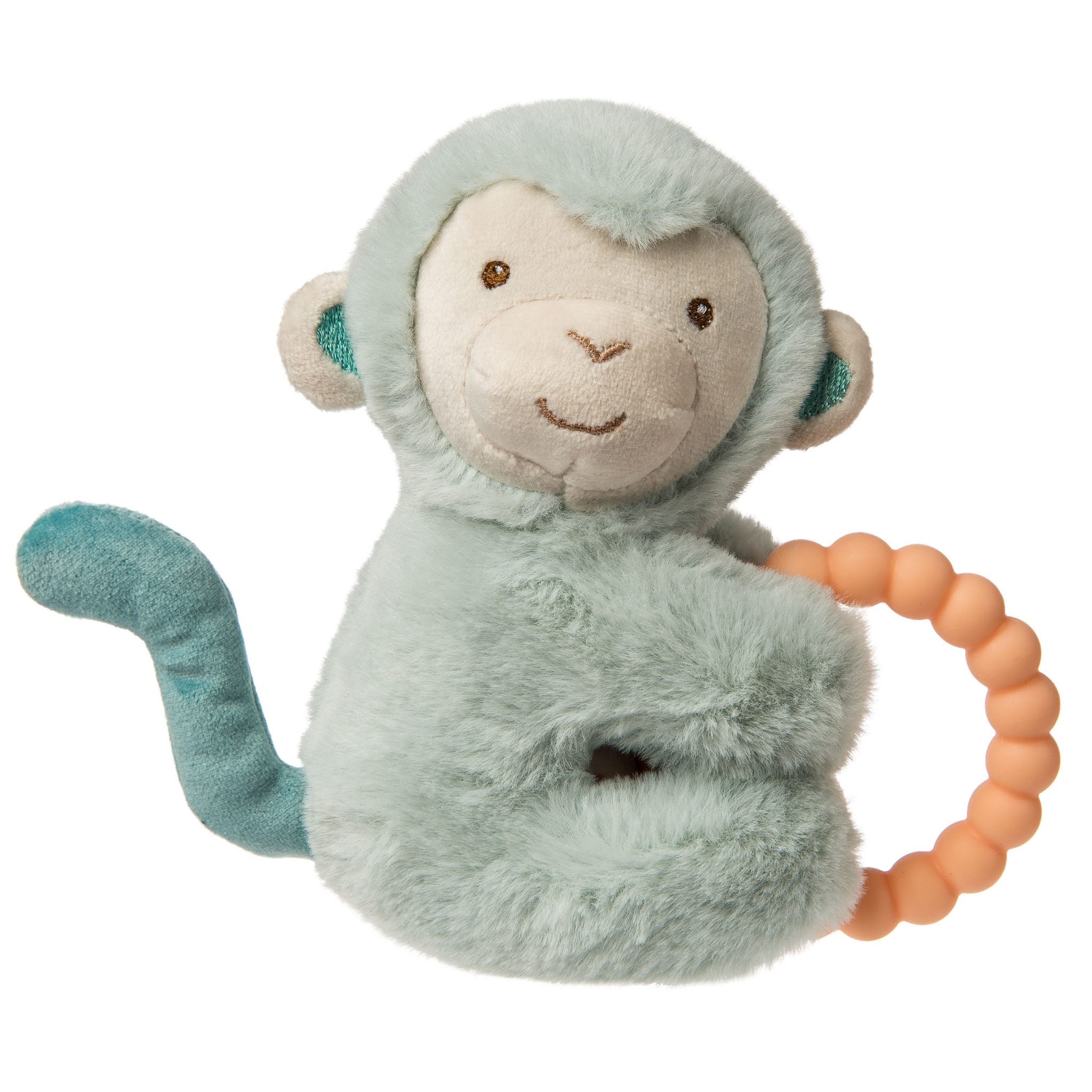 Seafoam-coloured monkey soft toy teether