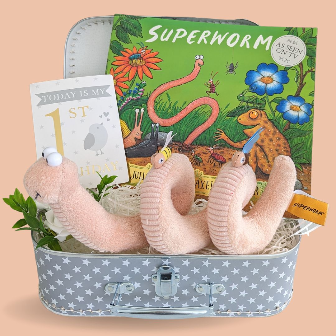 Adorable first birthday gift for a baby. Includes superworm soft toy together with superworm story book. 