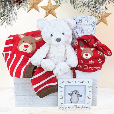Christmas baby hamper with white teddy and red outfit