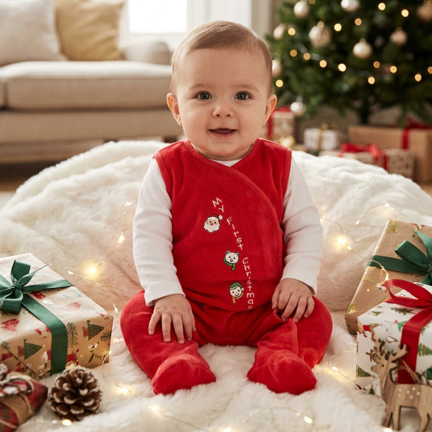 Baby wearing a red My First Christmas velour outfit with a white long-sleeved T-shirt beside a Christmas tree.