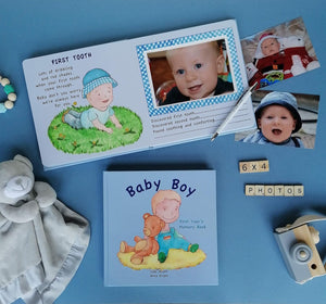 First smile page in baby boy memory book with photo slot