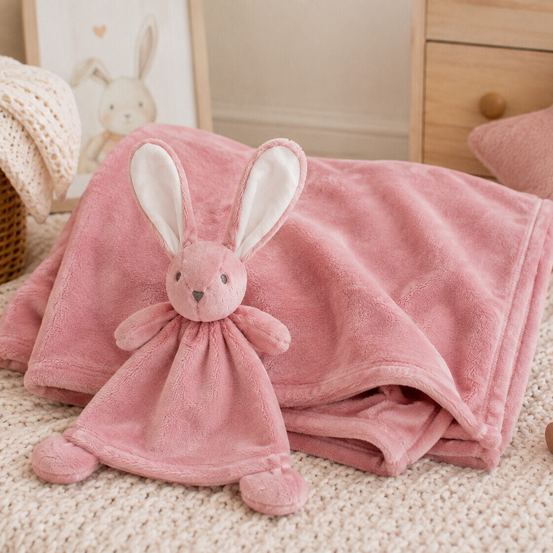 Matching fleece baby blanket and bunny comforter set in dusky pink