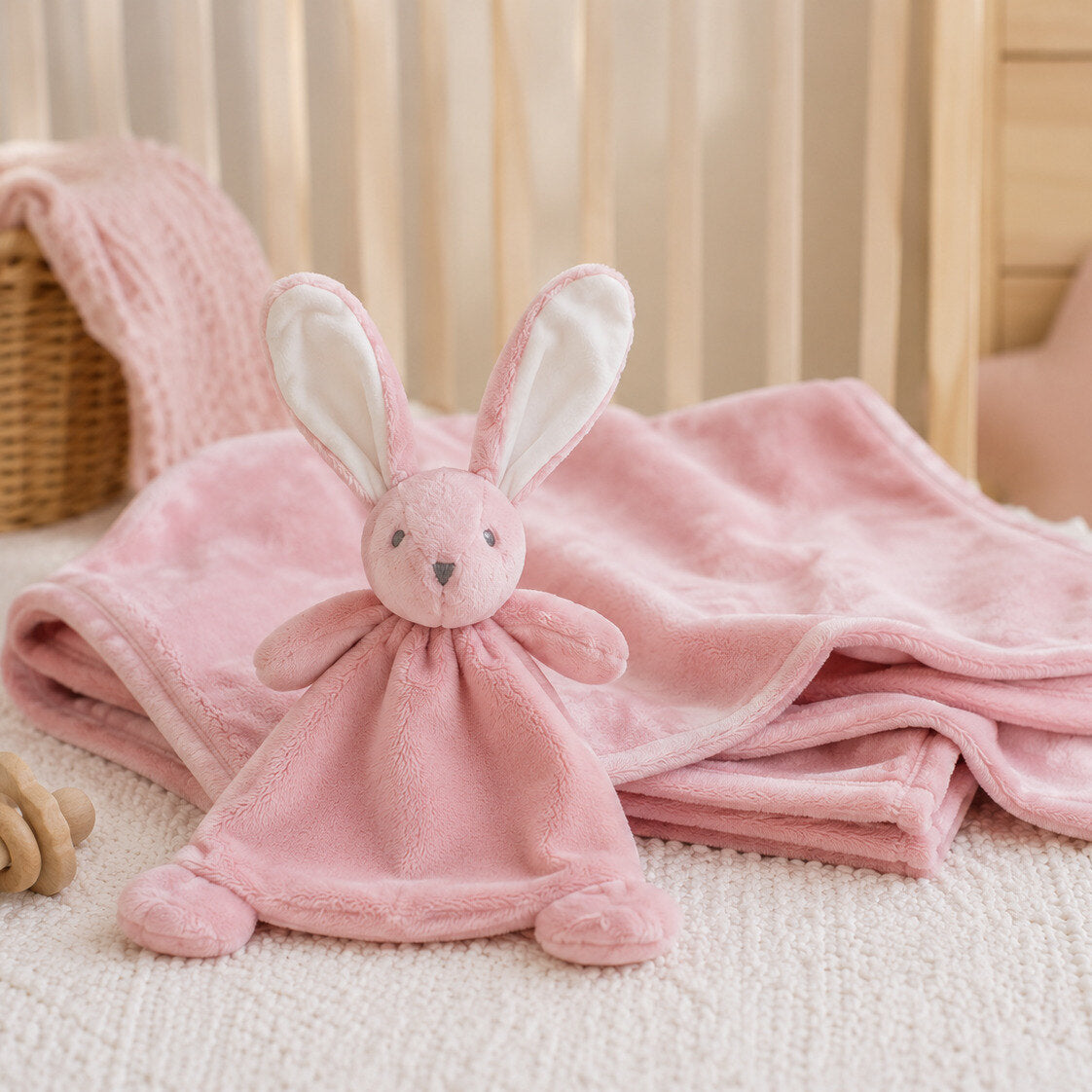 Matching fleece baby blanket and bunny comforter set in light pink