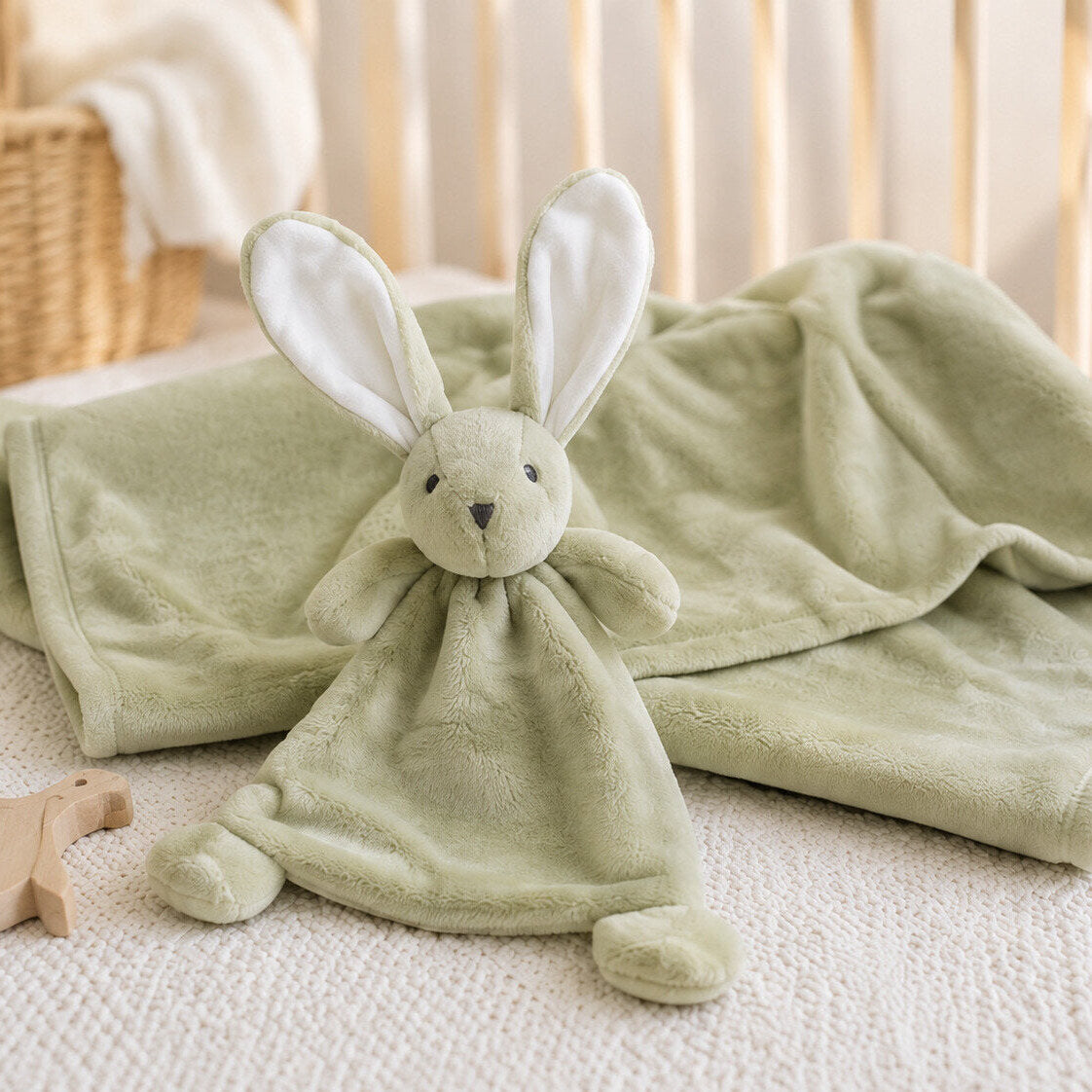 Matching fleece baby blanket and bunny comforter set in sage green colour
