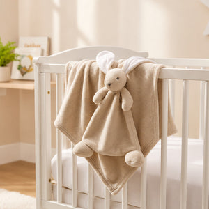 Matching fleece baby blanket and bunny comforter set in unisex biscuit taupe colour