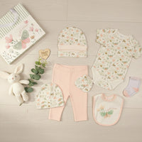 Flight of Love baby girl clothes set including bodyvest, pants, bib, hat and socks in soft pink cotton newborn outfit