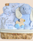 baby boy hamper basket with clothing set, soft bunny which can be personalised and wooden roll along toy.