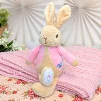 Pink flopsy bunny bean rattle for a baby girl.