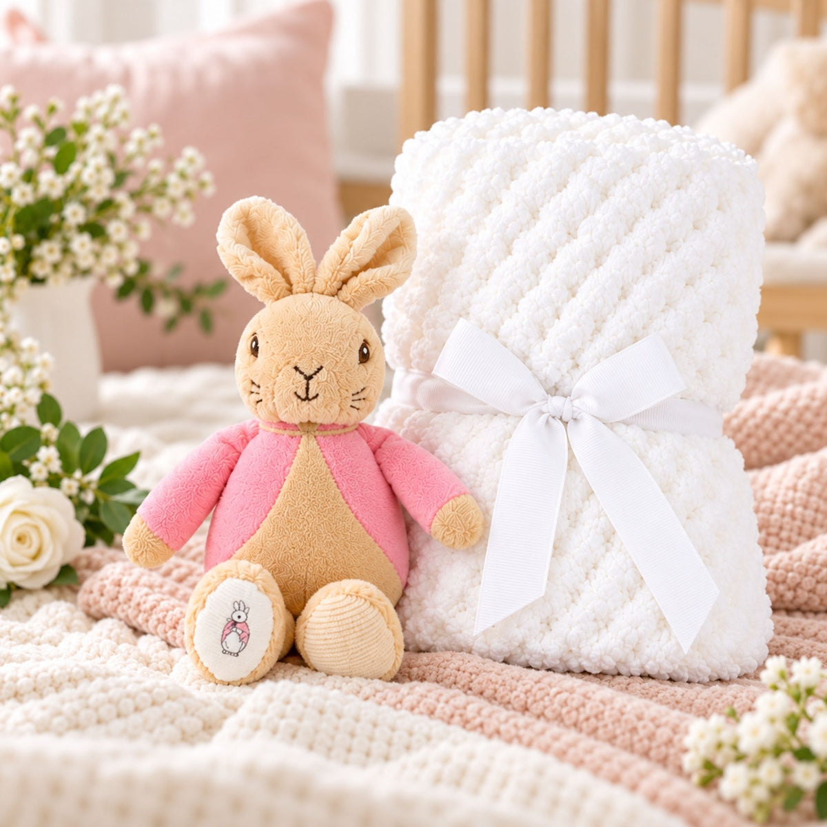 A plush flopsy bunny soft toy beside a  white textured blanket 