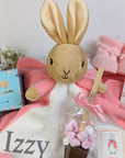 new mum and baby girl gift box with flopsy bunny comforter and chocolates.