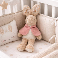 Flopsy bunny soft toy for a baby girl with a velvet dusky pink jacket