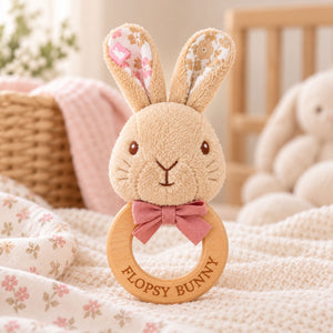 signature flopsy bunny wooden ring rattle in pink