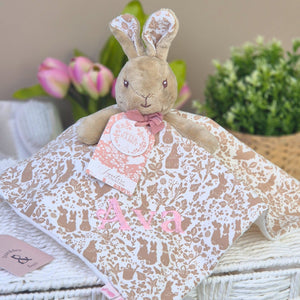 Personalised signature Flopsy Bunny baby comforter soft toy.