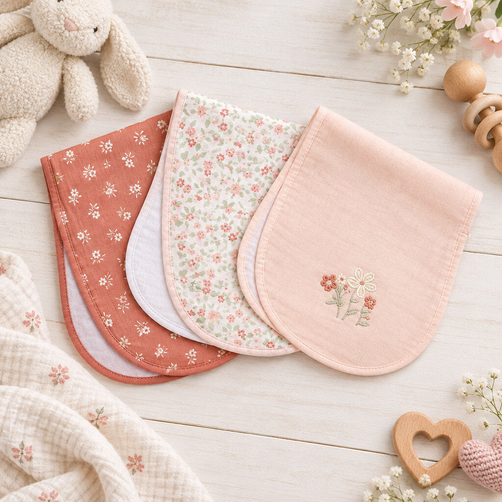 Three pink, coral and white floral baby burp cloths with rounded ends, arranged on pale wood beside a plush bunny.