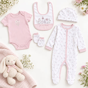 Floral baby girl 6 piece gift set in mesh gift bag