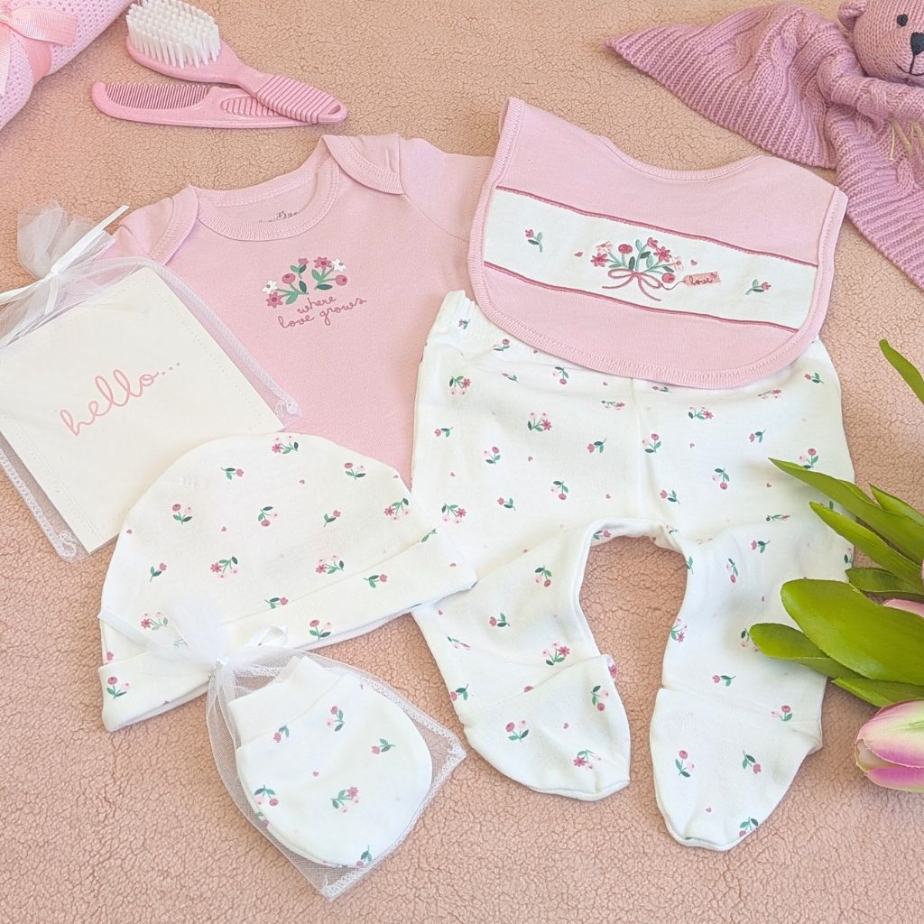 Floral Baby Girl Clothing Set – 5 Piece White/Pink