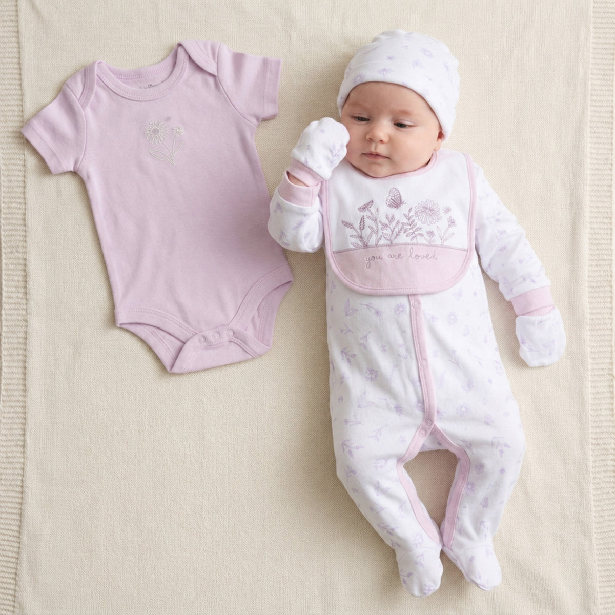Baby girl floral gift set with bib, bodysuit, hat, sleepsuit and mittens