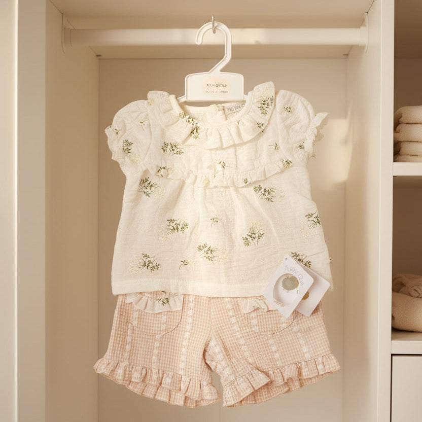 Baby girl floral shorts set with cream printed top and pink gingham shorts, lightweight two piece baby clothes outfit