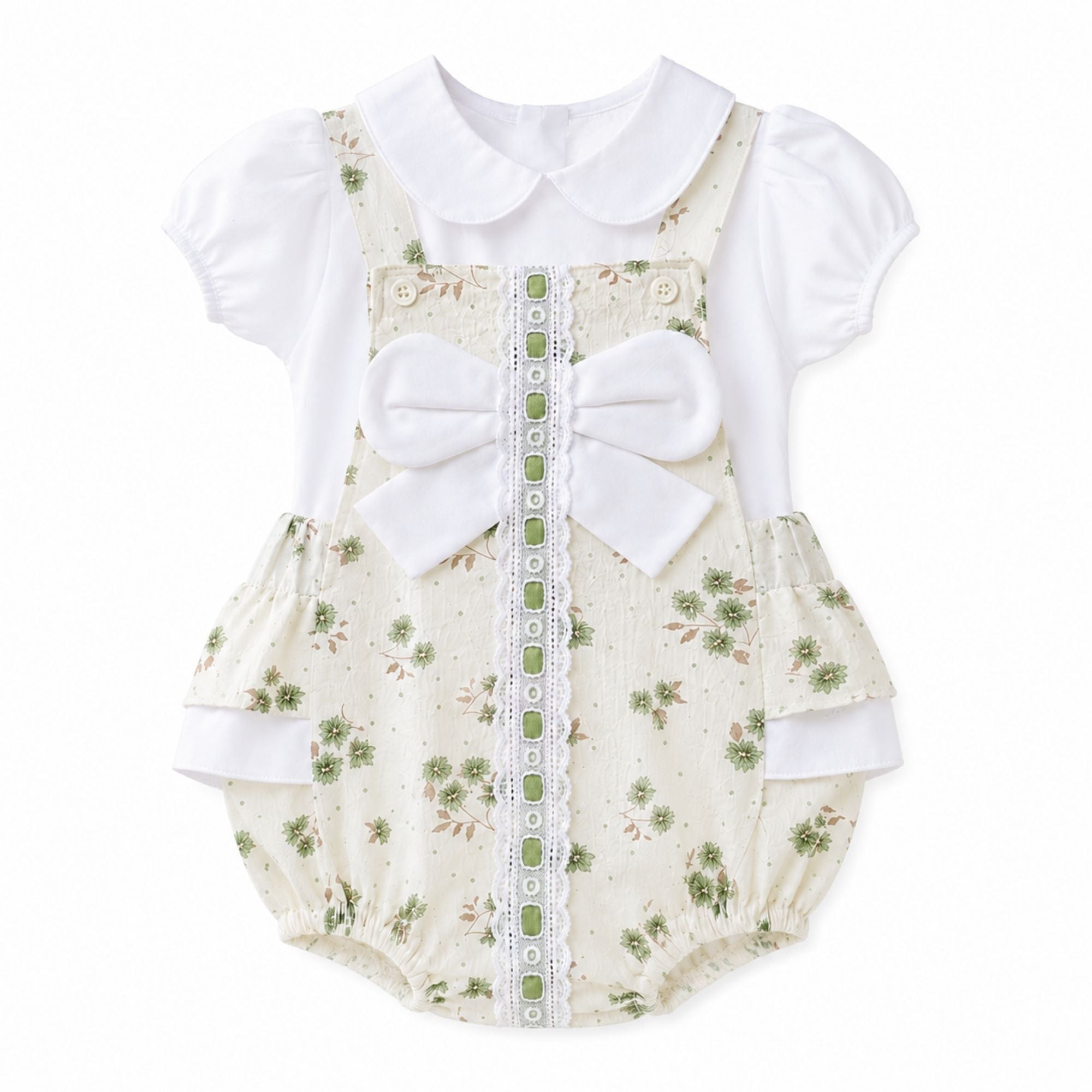 Floral baby girl Spanish romper in white and sage green with lace trim and bow, traditional style baby clothes outfit.
