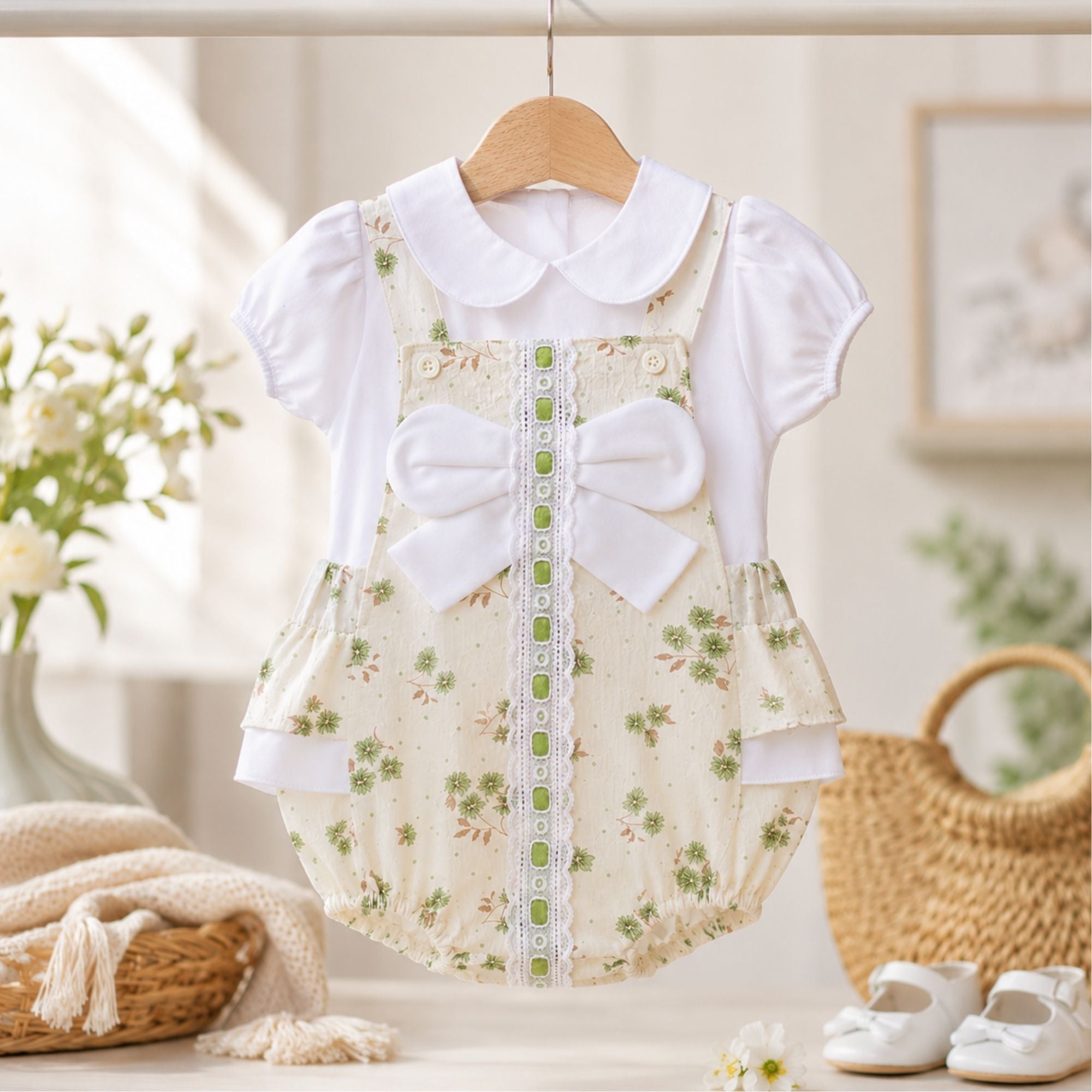 Floral baby girl Spanish romper in white and sage green with lace trim and bow, traditional style baby clothes outfit.