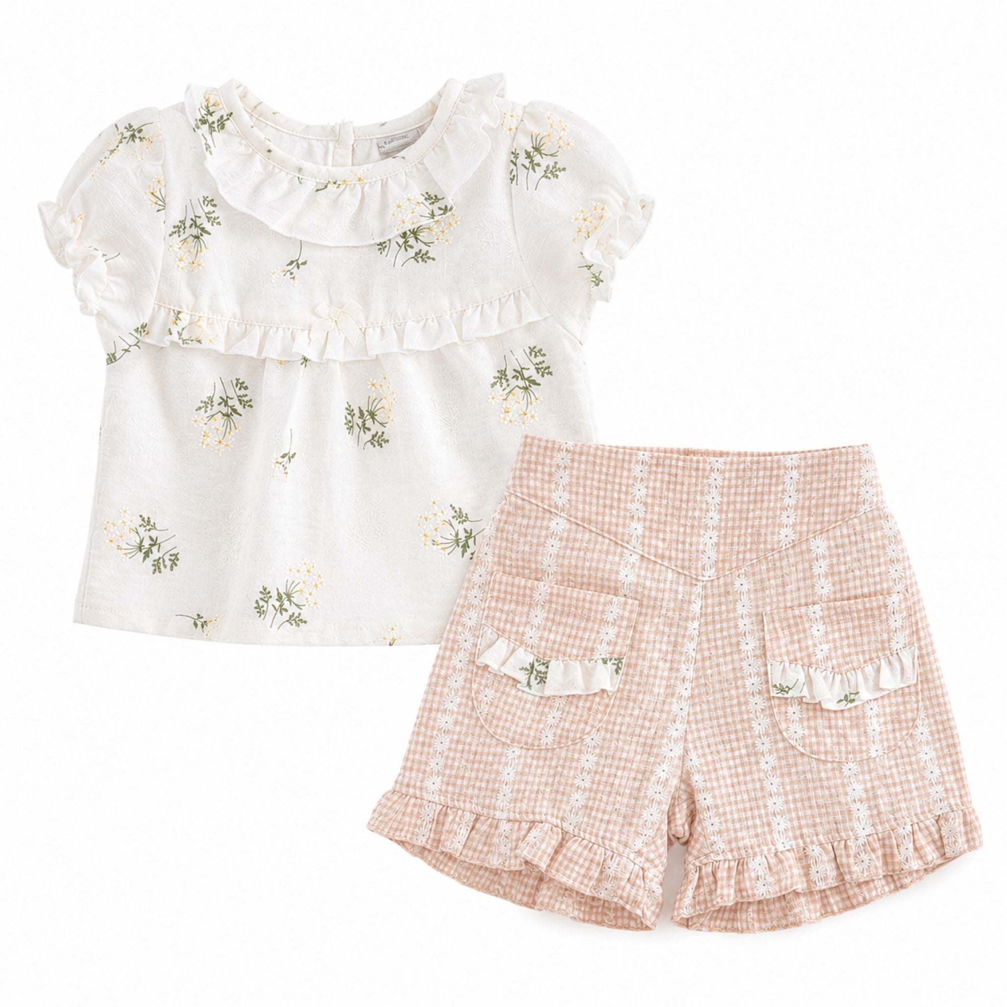 Baby girl floral summer outfit with cream embroidered top and pink gingham shorts, lightweight two piece baby clothes set